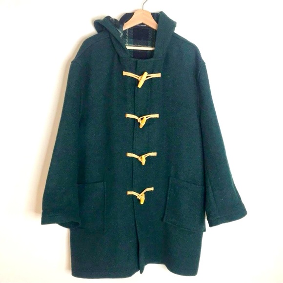 Vtg Tibbett Duffle Coat Hooded Wool Blend Made In England forest green L